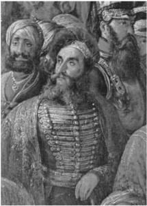 J. M. Honigberger (1841), detaliu din tabloul Durbarul din Lahore de Th. A. Schofft, cca. 1850-1855.